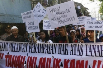 Ilustrasi Penolakan Penggusuran Aliansi Penghuni Rumah Dan Tanah Negara Indonesia (APRTN Indonesia). Warga Manggarai, Jakarta Selatan, menolak penggusuran paksa.(Net)